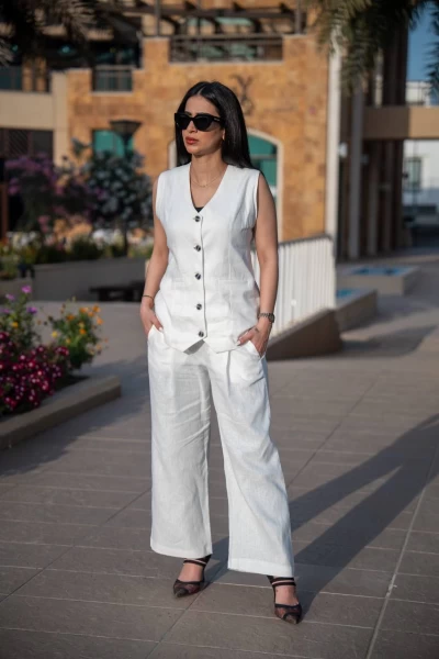 White linen vest and pants set C:IB1085 white