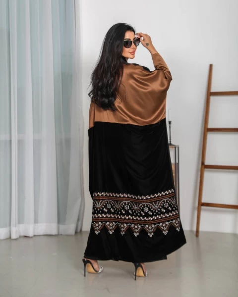 Crepe Abaya with embroidered velvet with brown silk crepe IB254