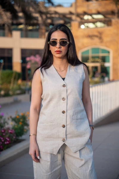 Beige linen vest and pants set, C:IB1085 Beige